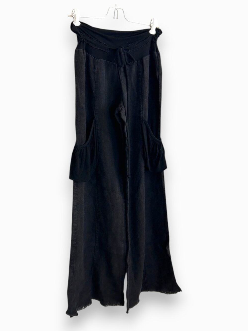 Y2k Avita Black Linen Wide Leg Crgo Pants, XS/S